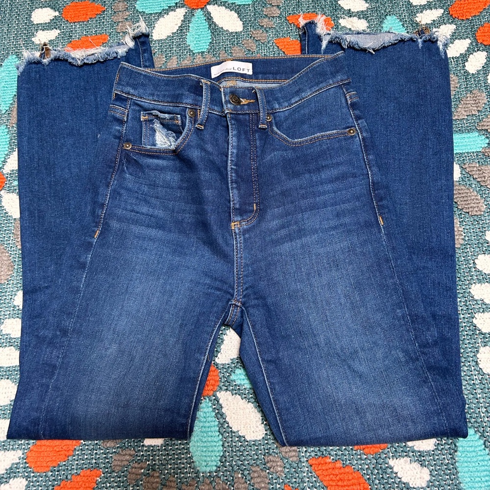 Loft size 00p petite kick crop medium wash jeans with distressed details